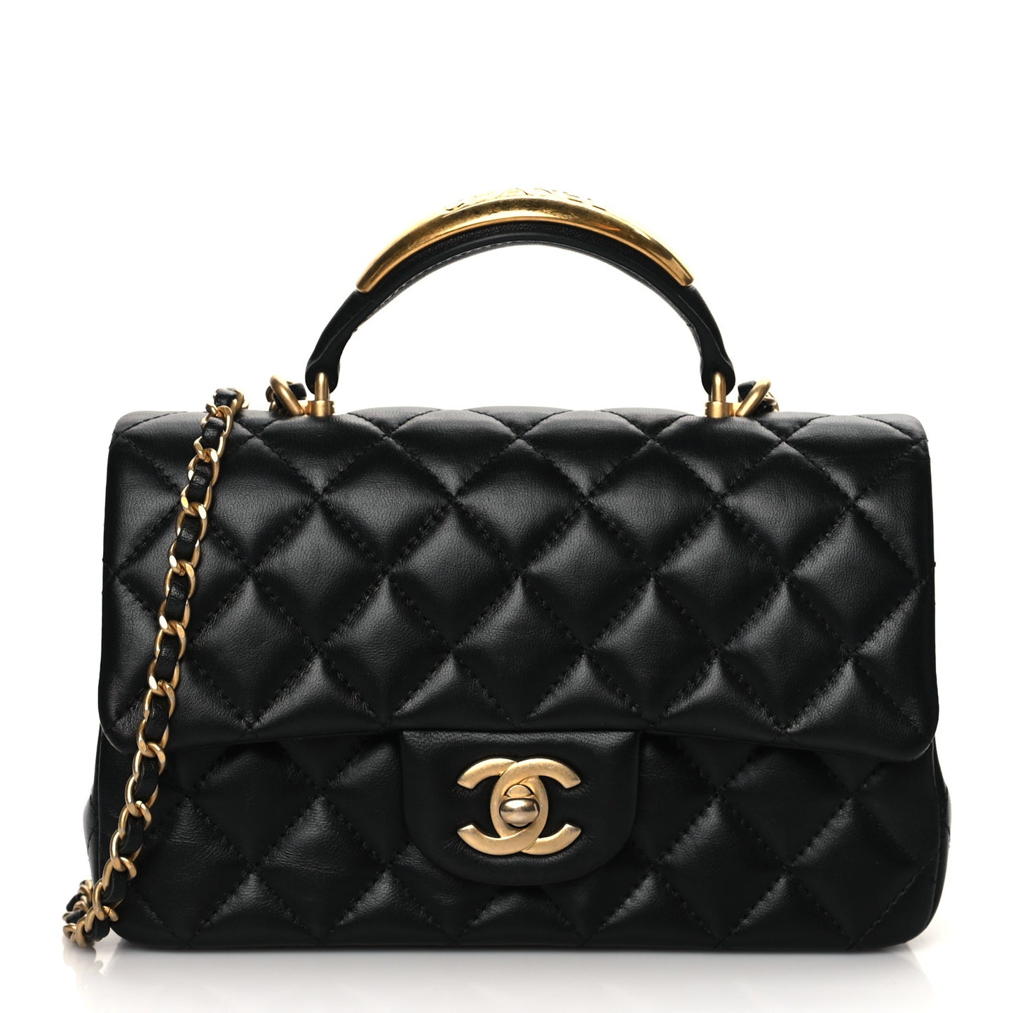 Lambskin Quilted Metal Mini Top Handle Rectangular Flap Black