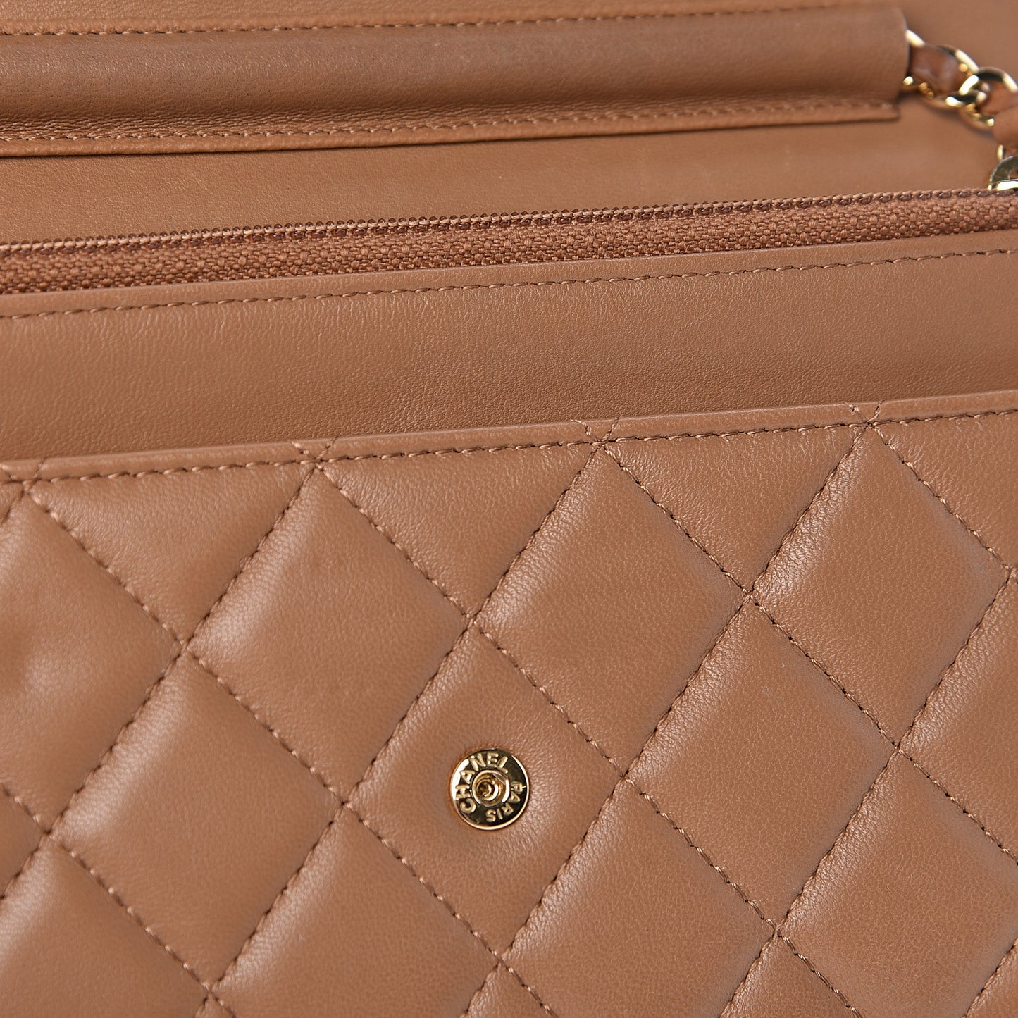 Lambskin Quilted Wallet on Chain WOC Dark Beige