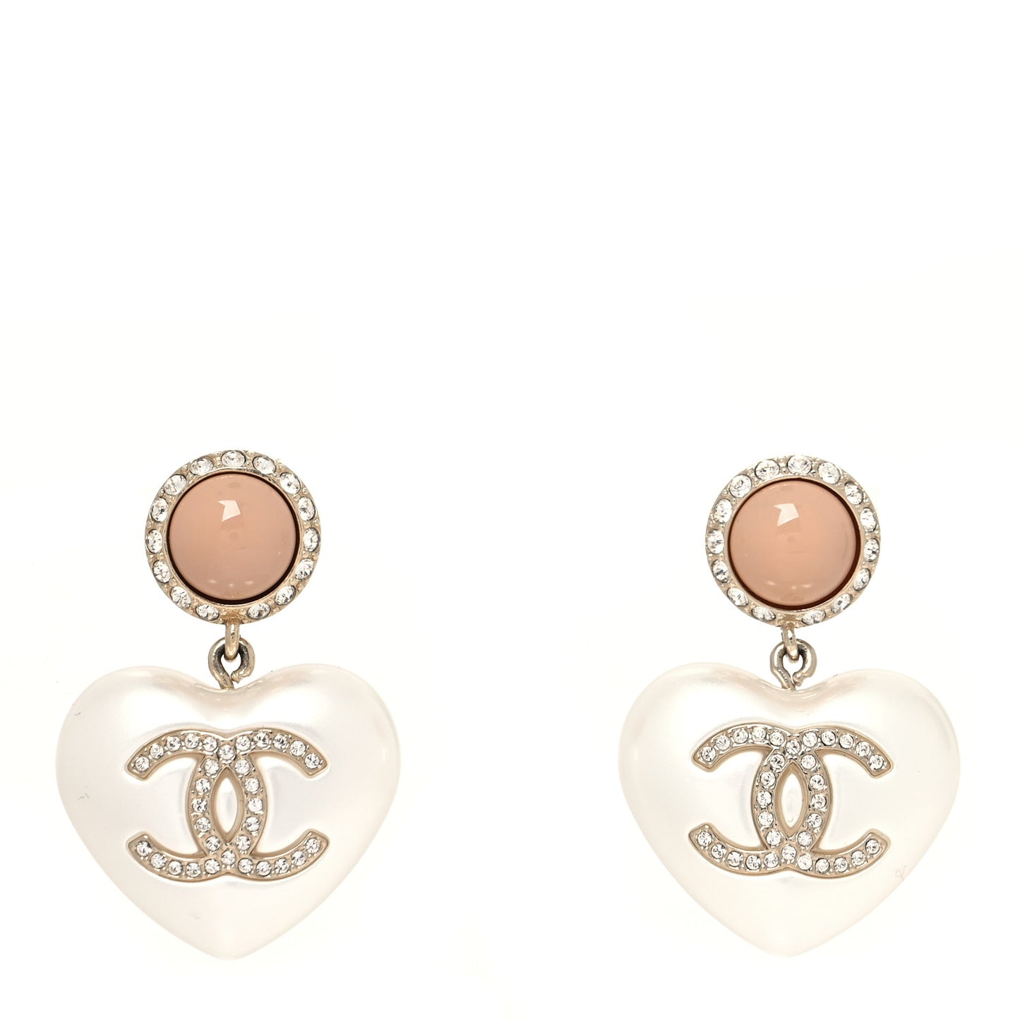 Pearl Resin Crystal CC Heart Drop Earrings Pink Gold