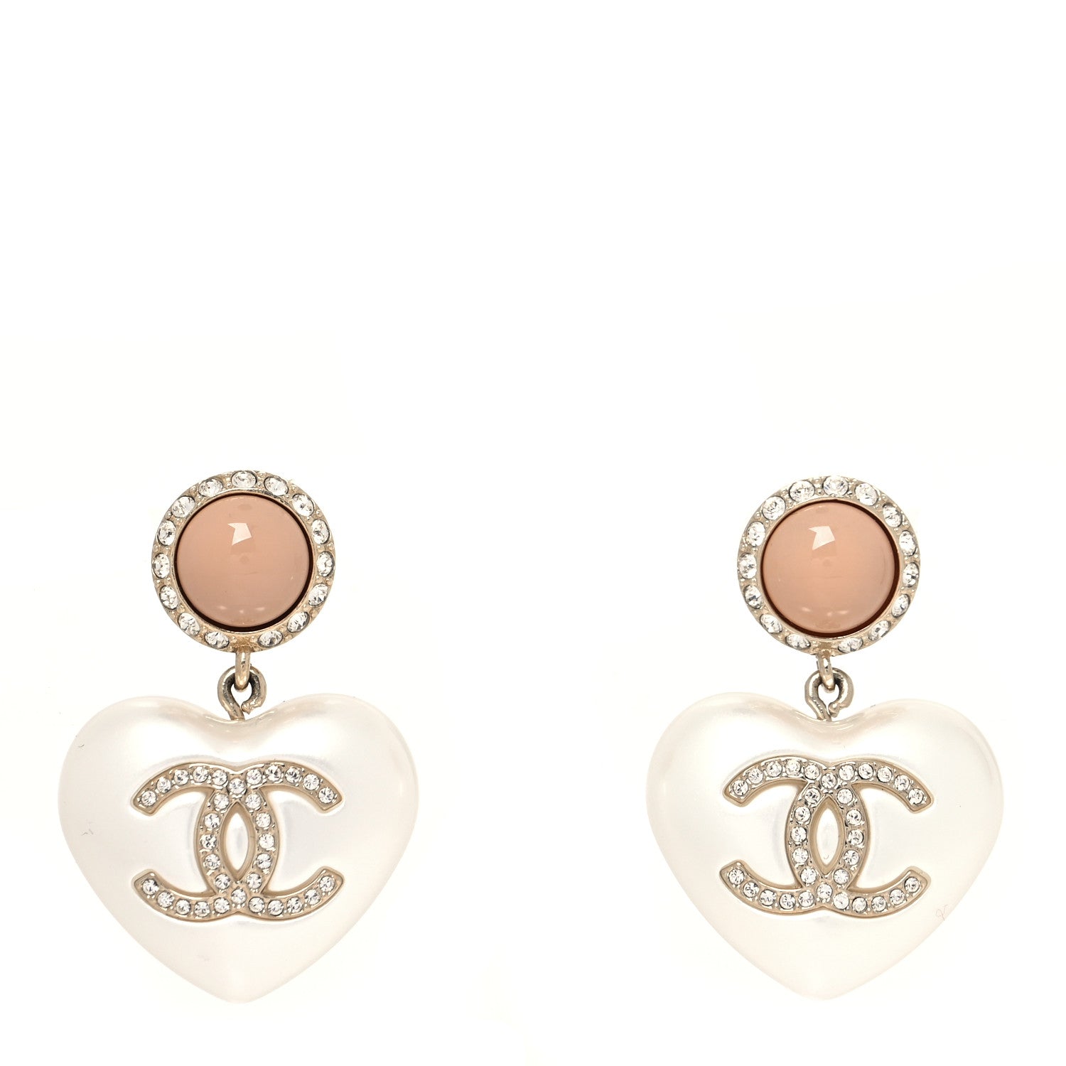 Chanel Pearl Resin Crystal CC Heart Drop Earrings Pink Gold 1 of 4