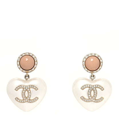 Chanel Pearl Resin Crystal CC Heart Drop Earrings Pink Gold 1 of 4