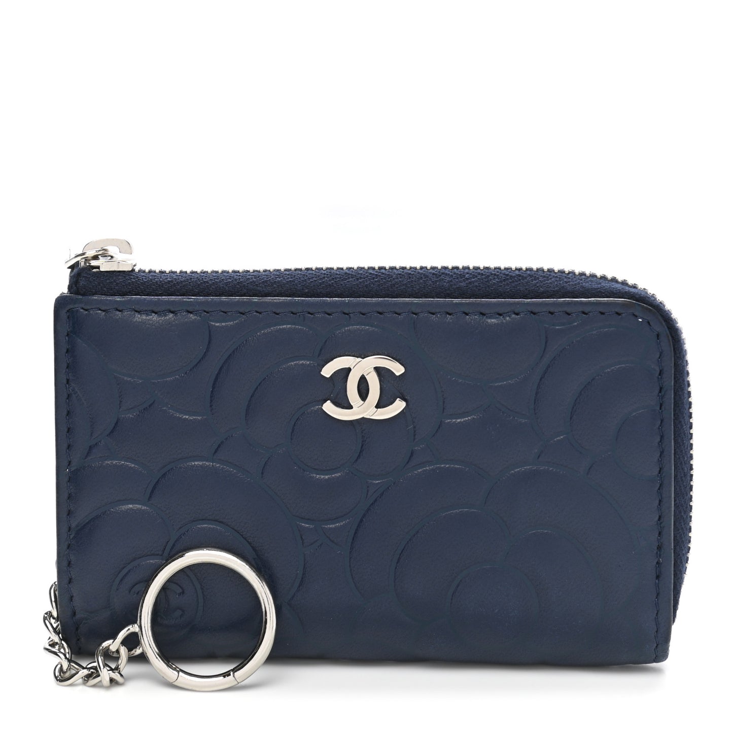 Lambskin Camellia Embossed Key Holder Case Navy