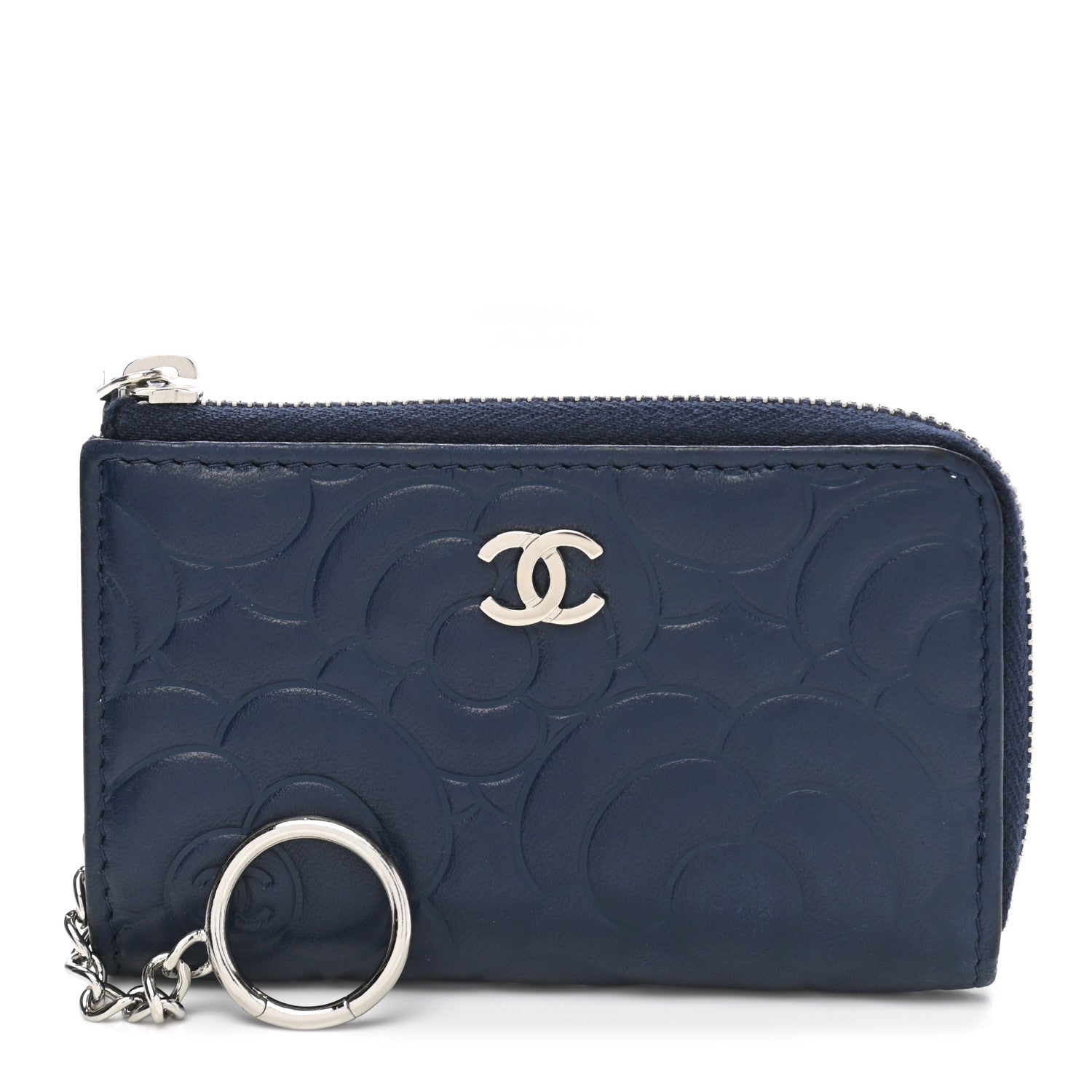 Chanel Lambskin Camellia Embossed Key Holder Case Navy 1 of 8