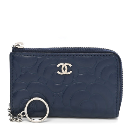 Chanel Lambskin Camellia Embossed Key Holder Case Navy 1 of 8
