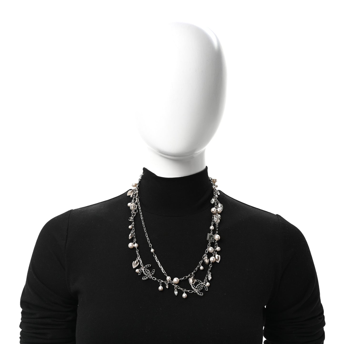 Crystal Pearl CC Long Necklace Silver Grey