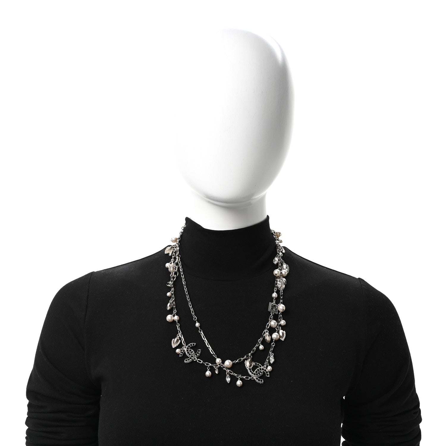 Chanel Crystal Pearl CC Long Necklace Silver Grey 2 of 5