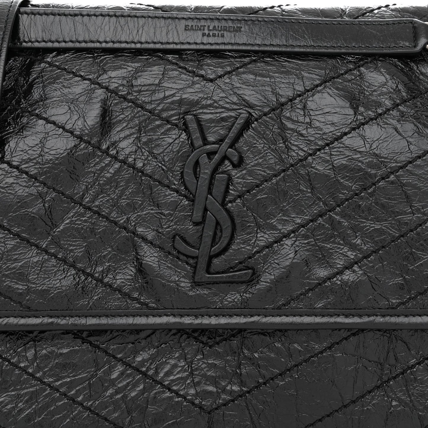 Crinkled Calfskin Matelasse Monogram Medium Niki Chain Satchel Black