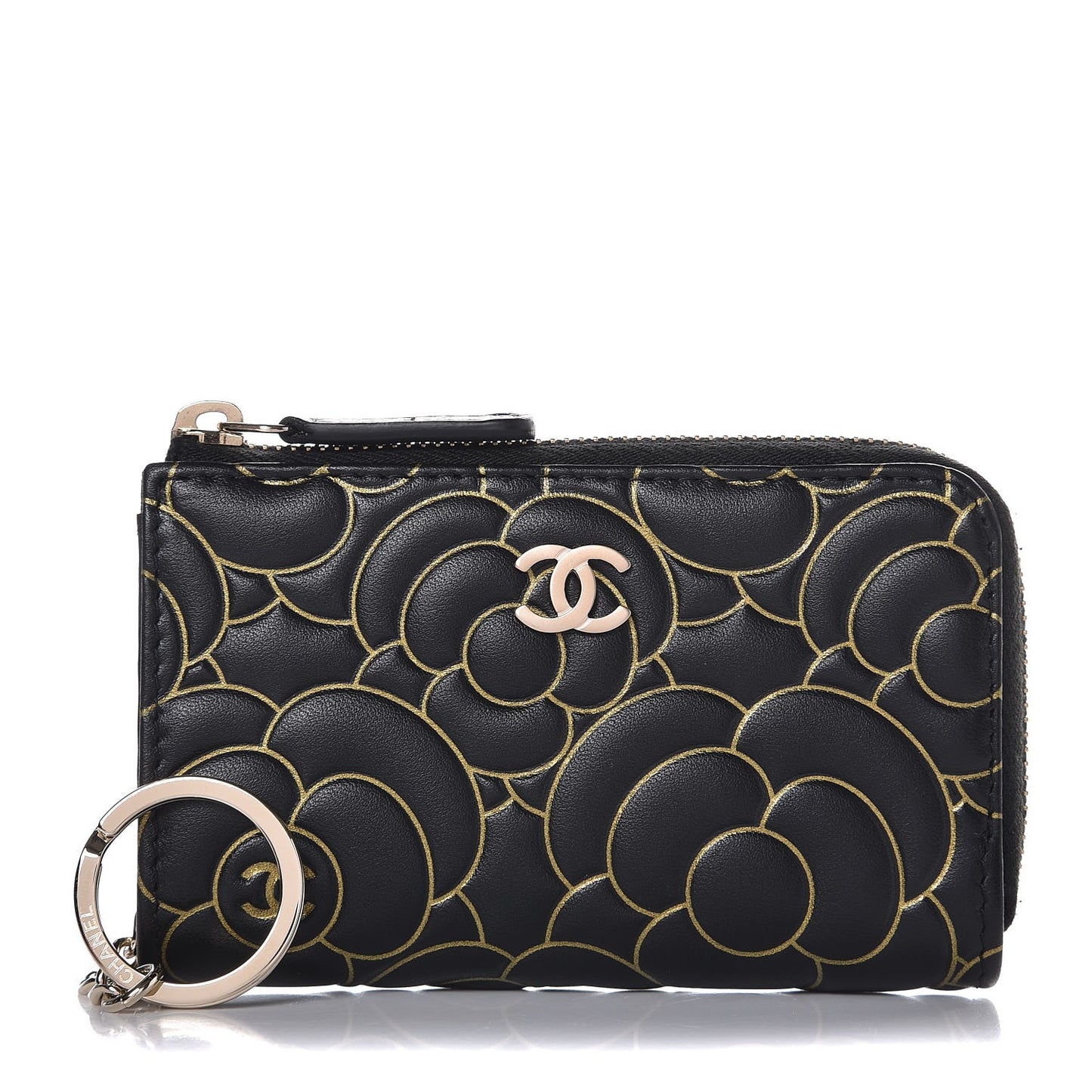 Lambskin Camellia Embossed Key Holder Case Black Gold