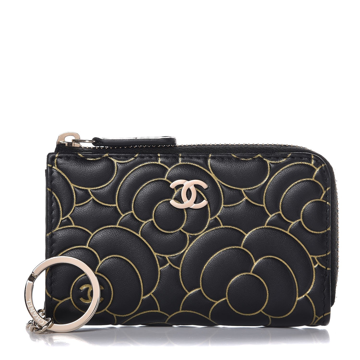 Chanel Lambskin Camellia Embossed Key Holder Case Black Gold 1 of 8