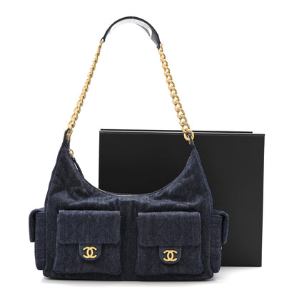 Chanel Washed Denim Quilted Maxi Trendy Pockets Hobo Dark Blue 11 of 11