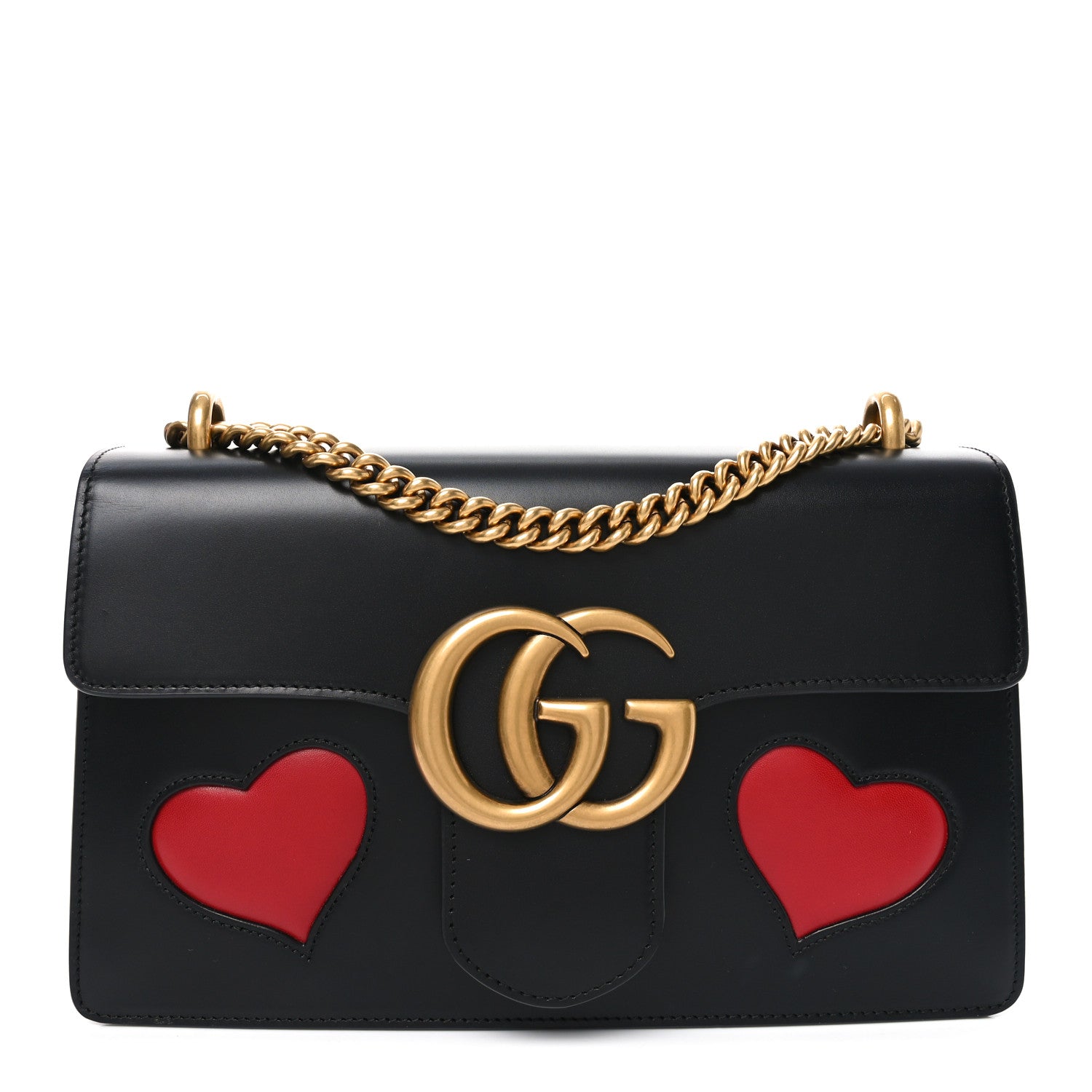 Gucci Knight Calfskin Malaga Kid Heart Medium GG Marmont Chain Handle Bag Black Hibiscus Red Multicolor 1 of 10