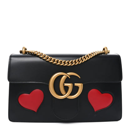 Gucci Knight Calfskin Malaga Kid Heart Medium GG Marmont Chain Handle Bag Black Hibiscus Red Multicolor 1 of 10