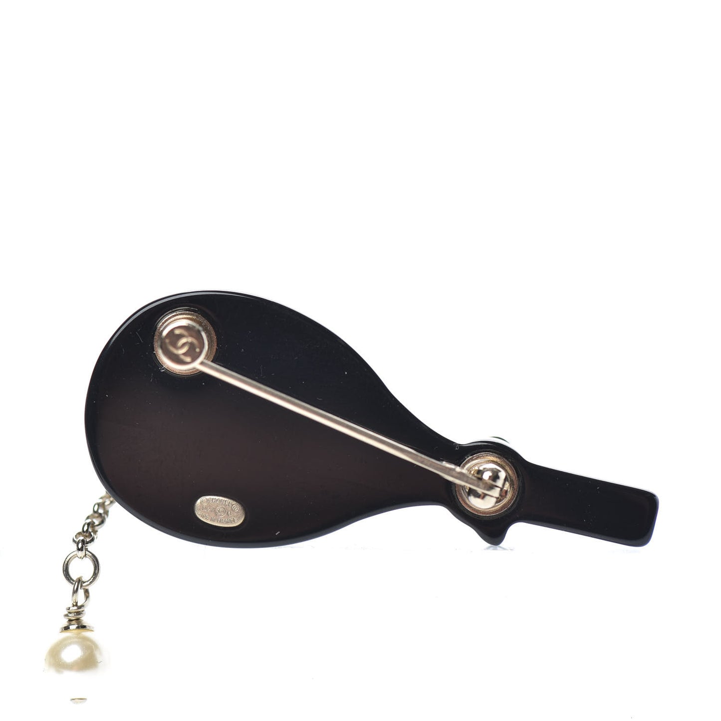 Pearl Strass Resin Crystal CC Tennis Racket Brooch Gold Black Pearly White