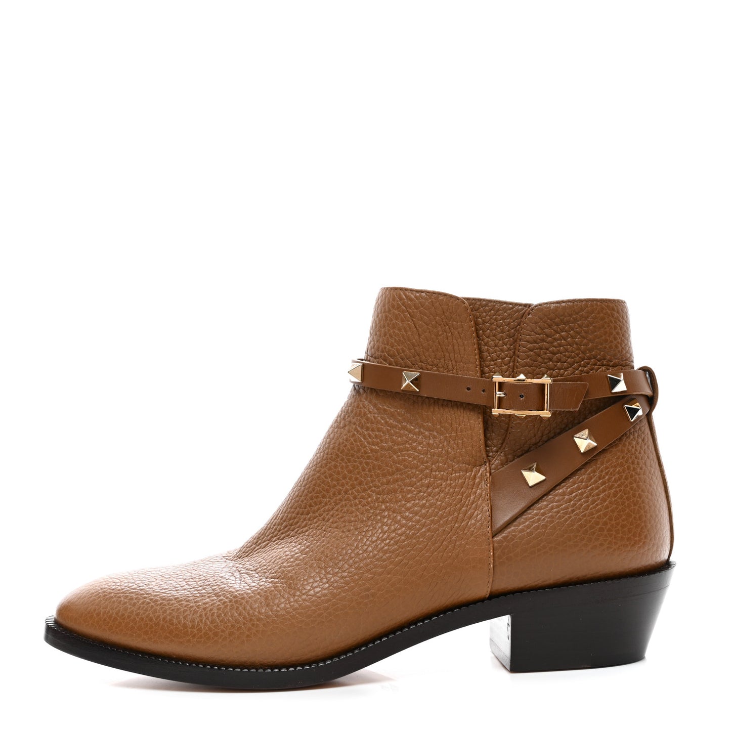 Grained Calfskin Rockstud Single Buckle 35mm Cowboy Ankle Boots 39.5 Nocciola