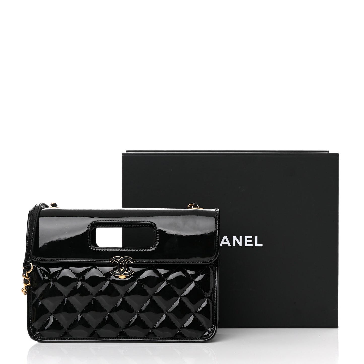 Patent Quilted Graphic Catch Flap Black