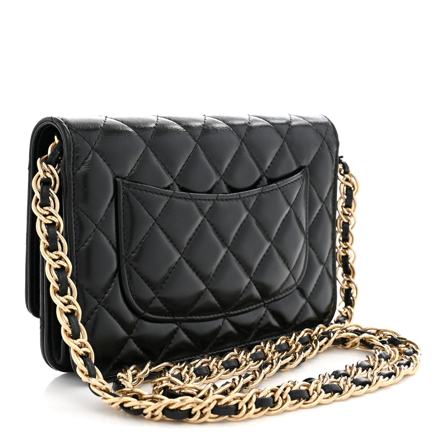 Shiny Lambskin Quilted Golden Links Wallet On Chain WOC Black
