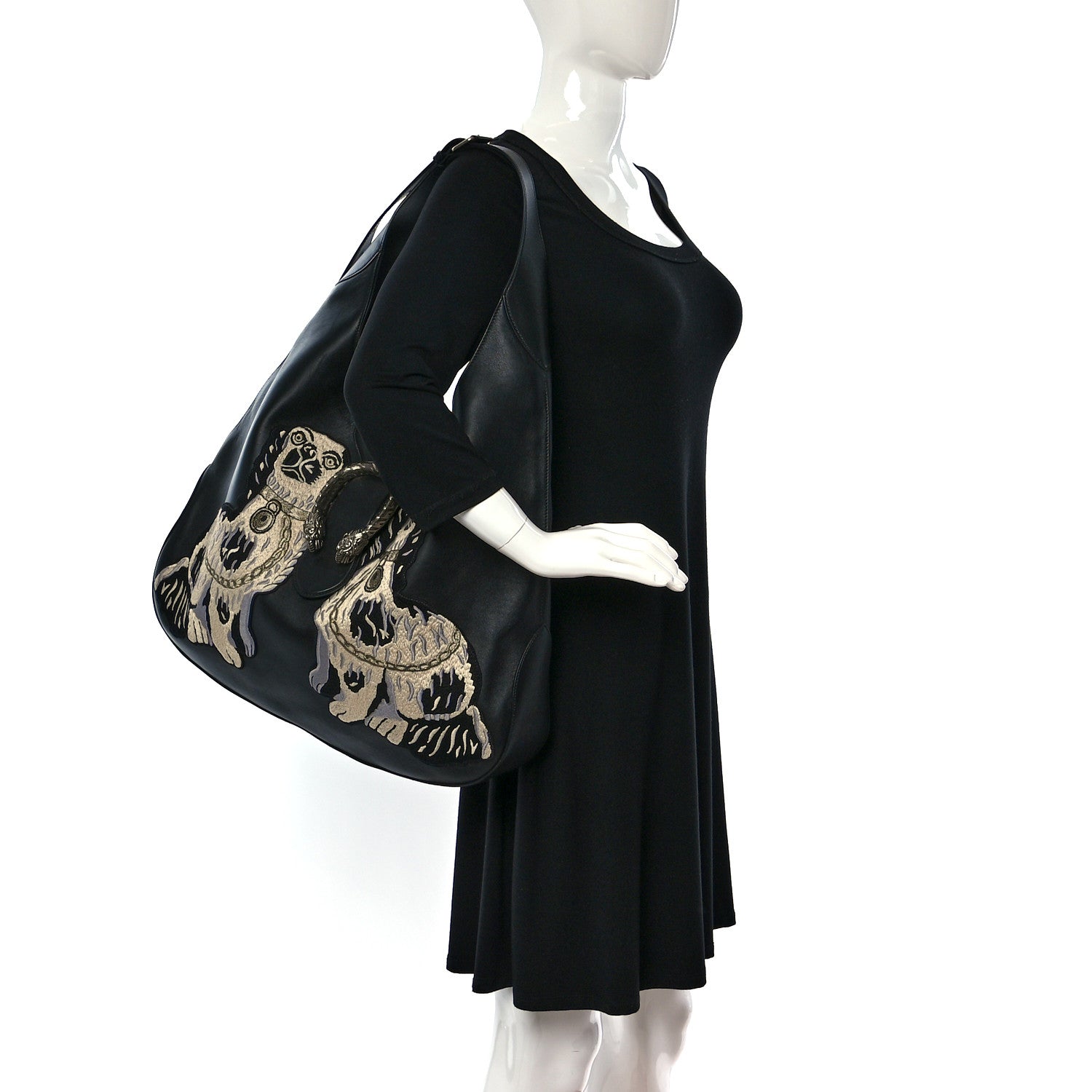 Gucci Calfskin Dog Embroidered Extra Large Dionysus Hobo Black 2 of 15