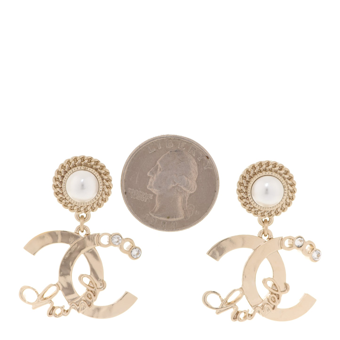 Metal Pearl Crystal Coco Script CC Drop Earrings Gold