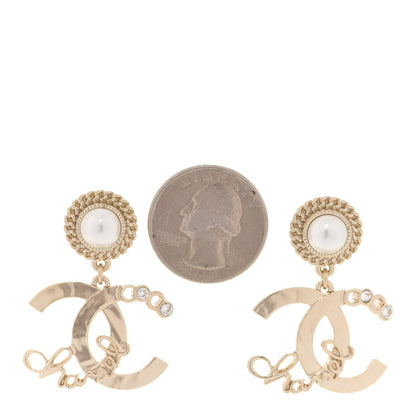 Chanel Metal Pearl Crystal Coco Script CC Drop Earrings Gold 2 of 5