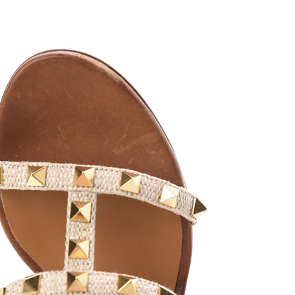 Valentino Garavani Raffia Calfskin Rockstud 60mm Caged Slide Sandals 36 Naturale 4 of 8