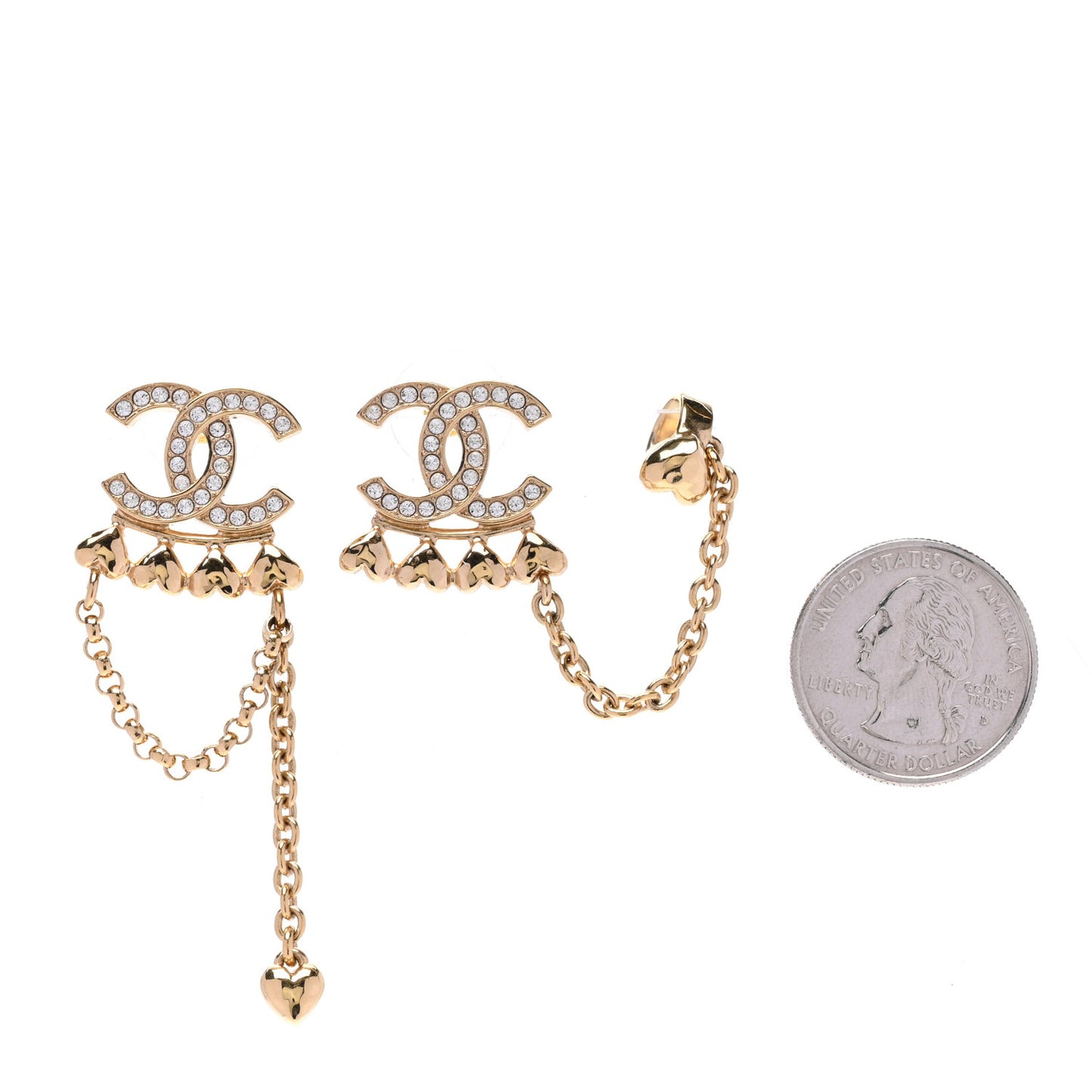 Metal Crystal CC Drop Heart Link Earrings Gold