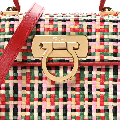 Salvatore Ferragamo Raffia Calfskin Small Iconic Top Handle Red Multicolor 9 of 11