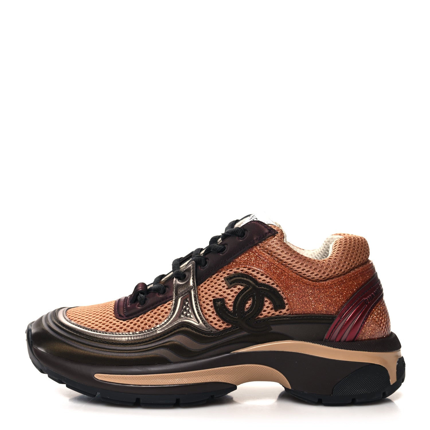 Chanel Fabric Laminated Calfskin Stretch CC Womens Sneakers 36 Brown Dark Grey 1 of 8