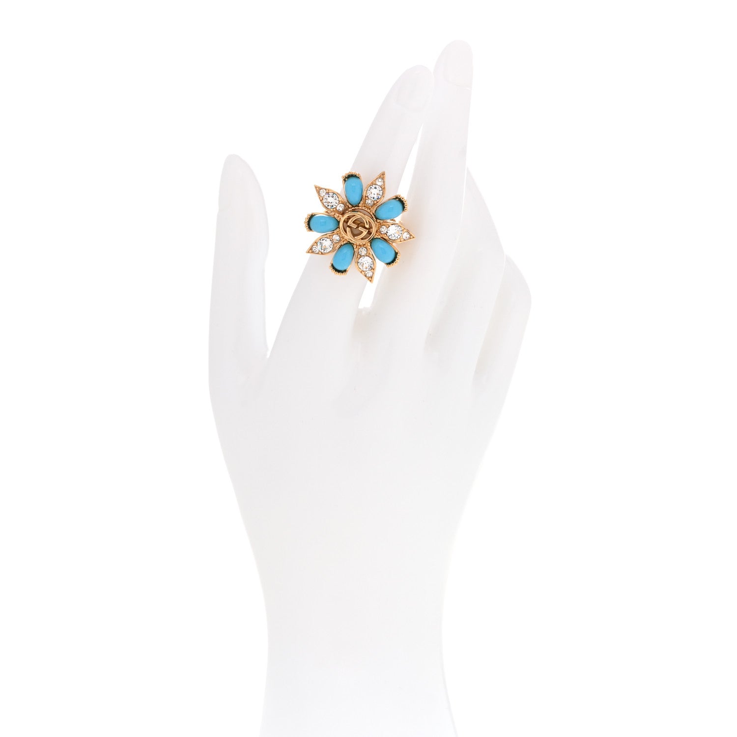 Gucci Metal Crystal Interlocking G Ring Set 53 6.25 Gold Turquoise 2 of 5