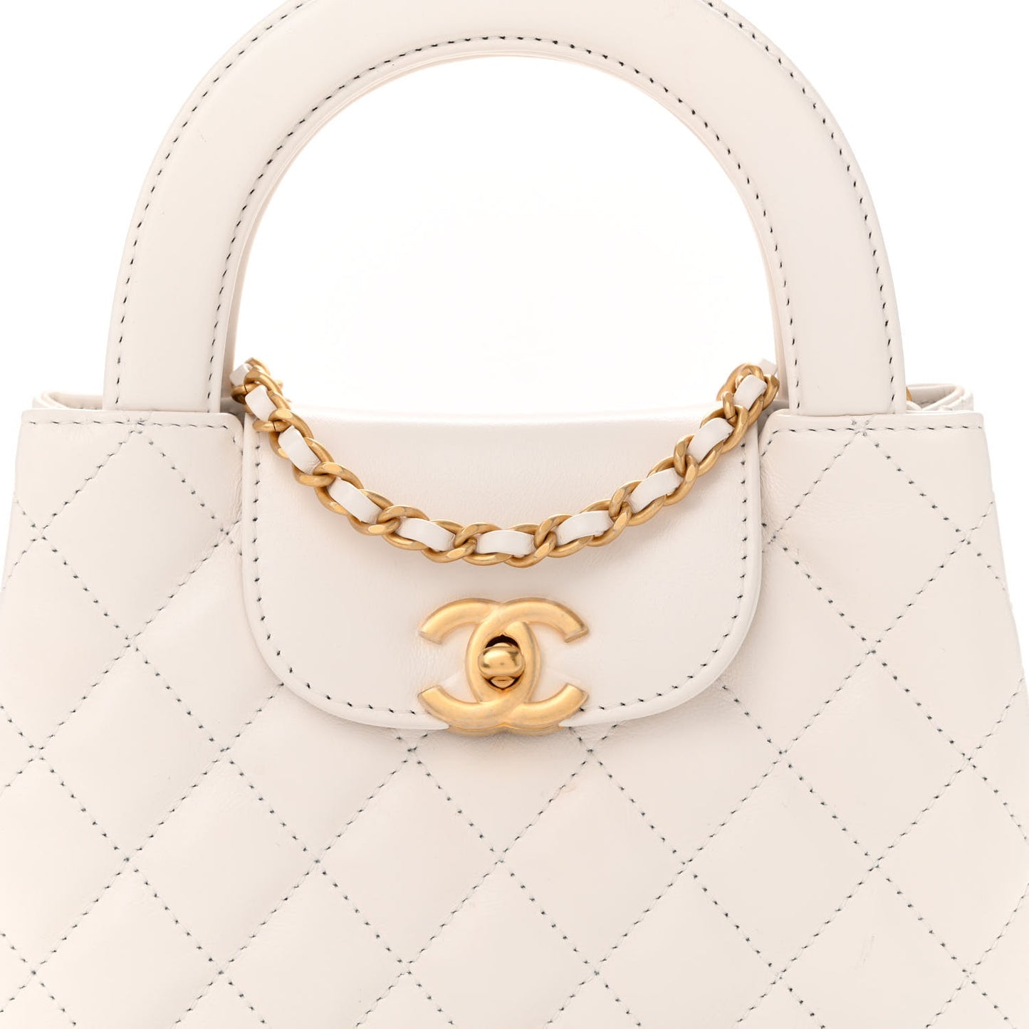 Shiny Aged Calfskin Quilted Nano Kelly Shopper White