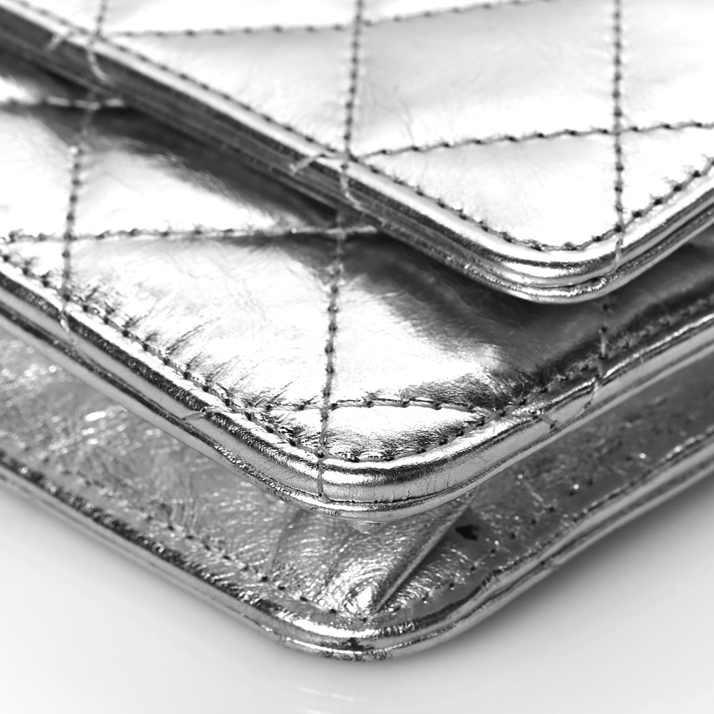Metallic Aged Calfskin Quilted Reissue Wallet On Chain WOC Silver