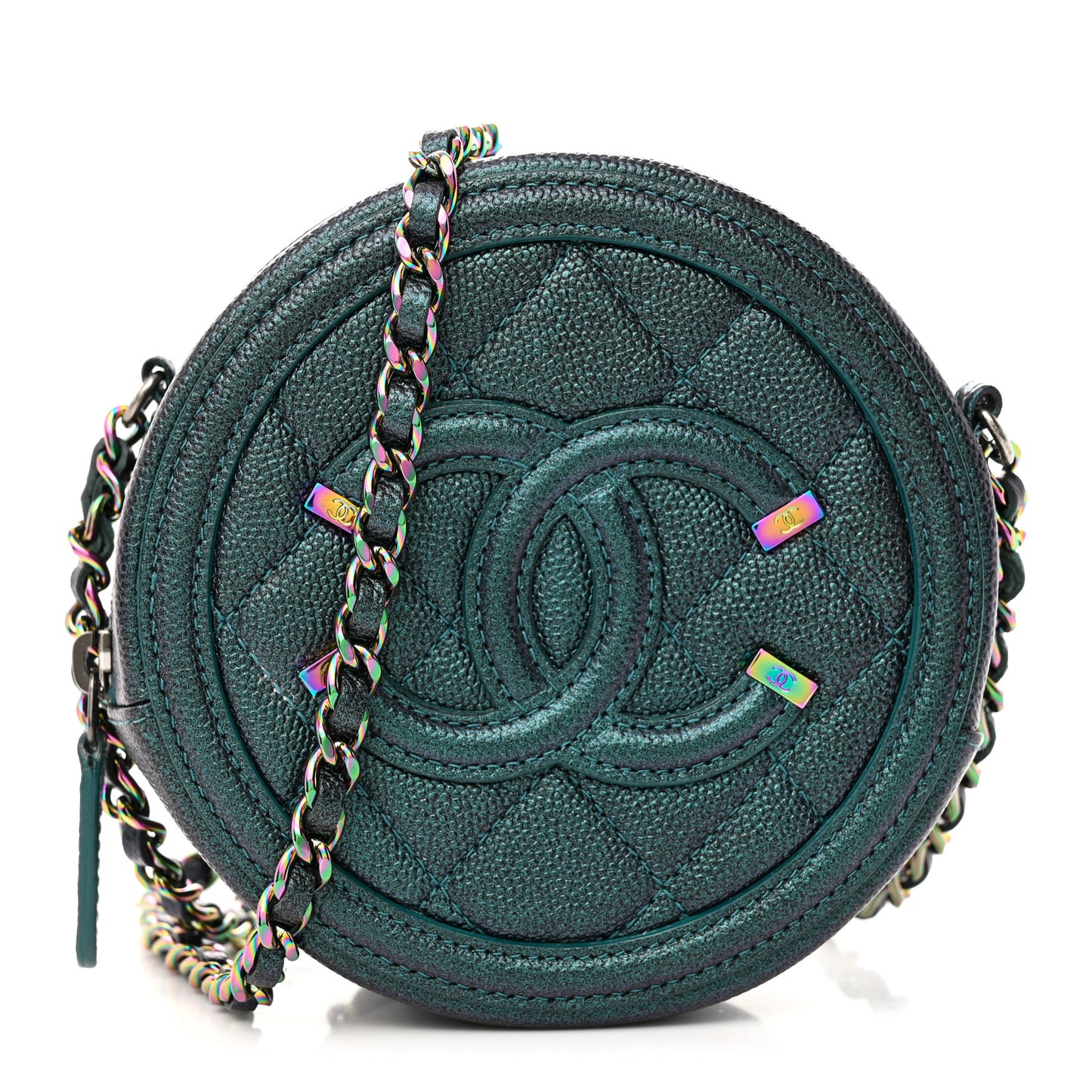 Iridescent Caviar Quilted Round Filigree Crossbody Dark Turquoise