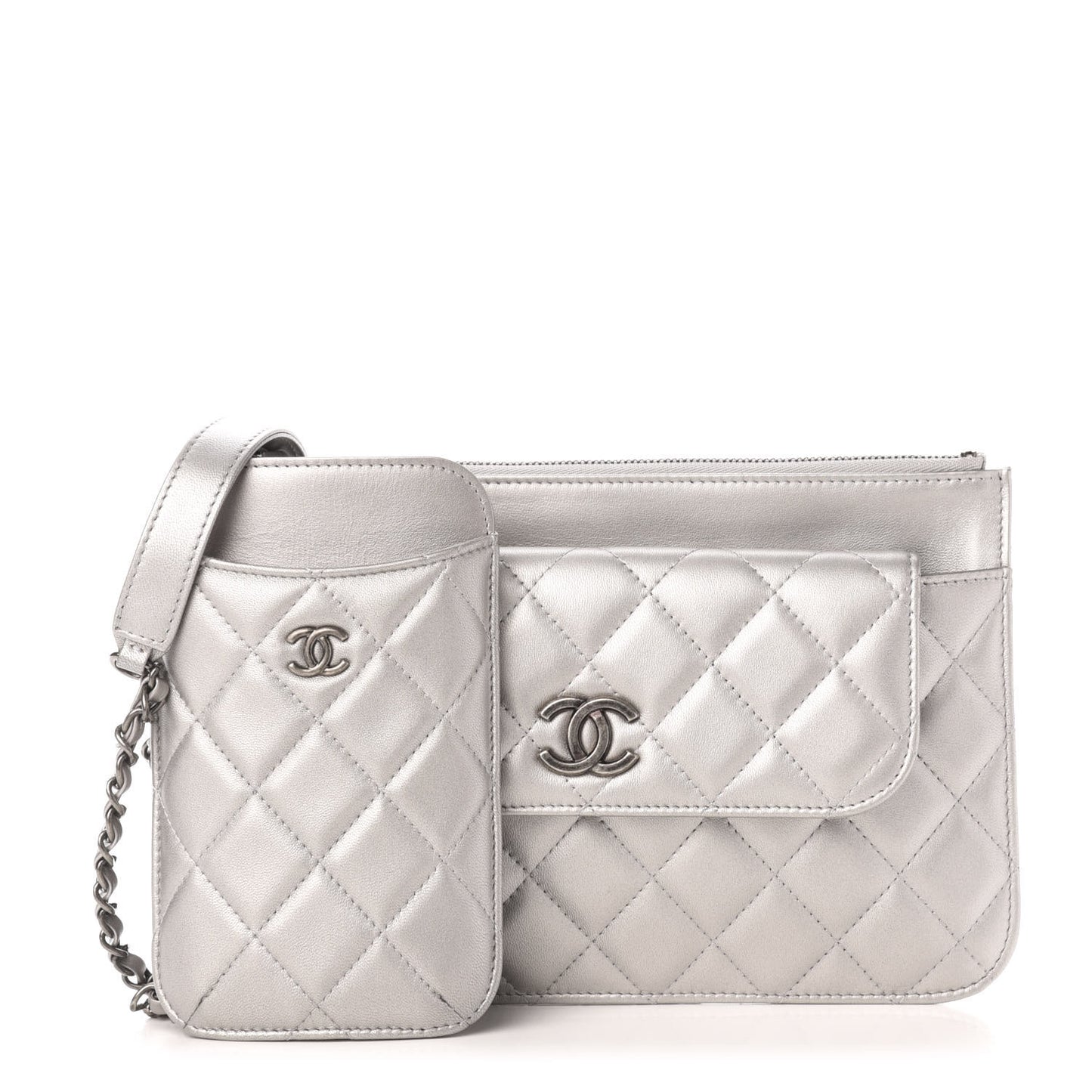 Metallic Lambskin Quilted Clutch With Chain Silver