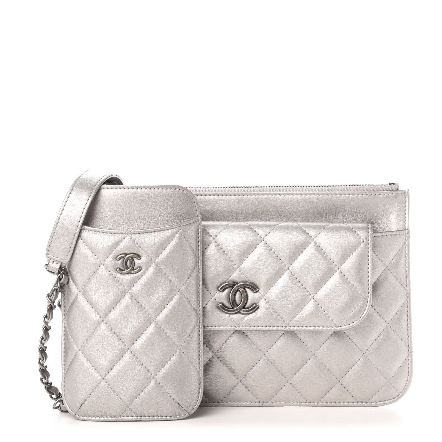 Chanel Metallic Lambskin Quilted Clutch With Chain Silver 1 of 12
