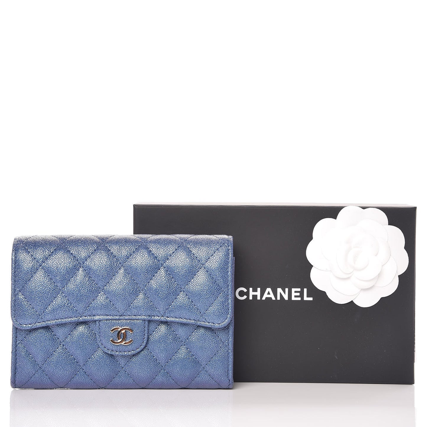 Iridescent Caviar Quilted Medium Flap Wallet Blue