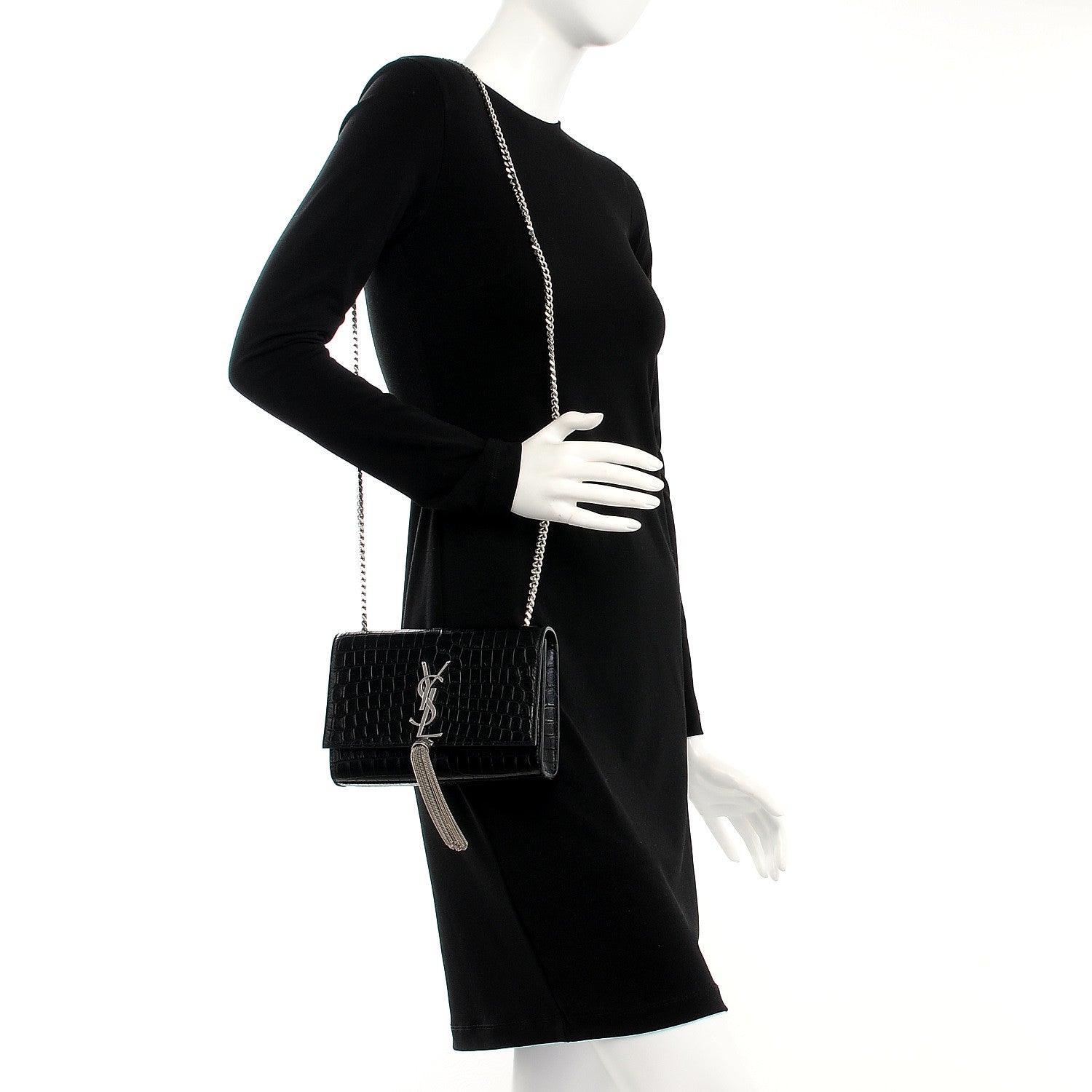 Saint Laurent Calfskin Crocodile Embossed Monogram Small Kate Tassel Satchel Black 2 of 7