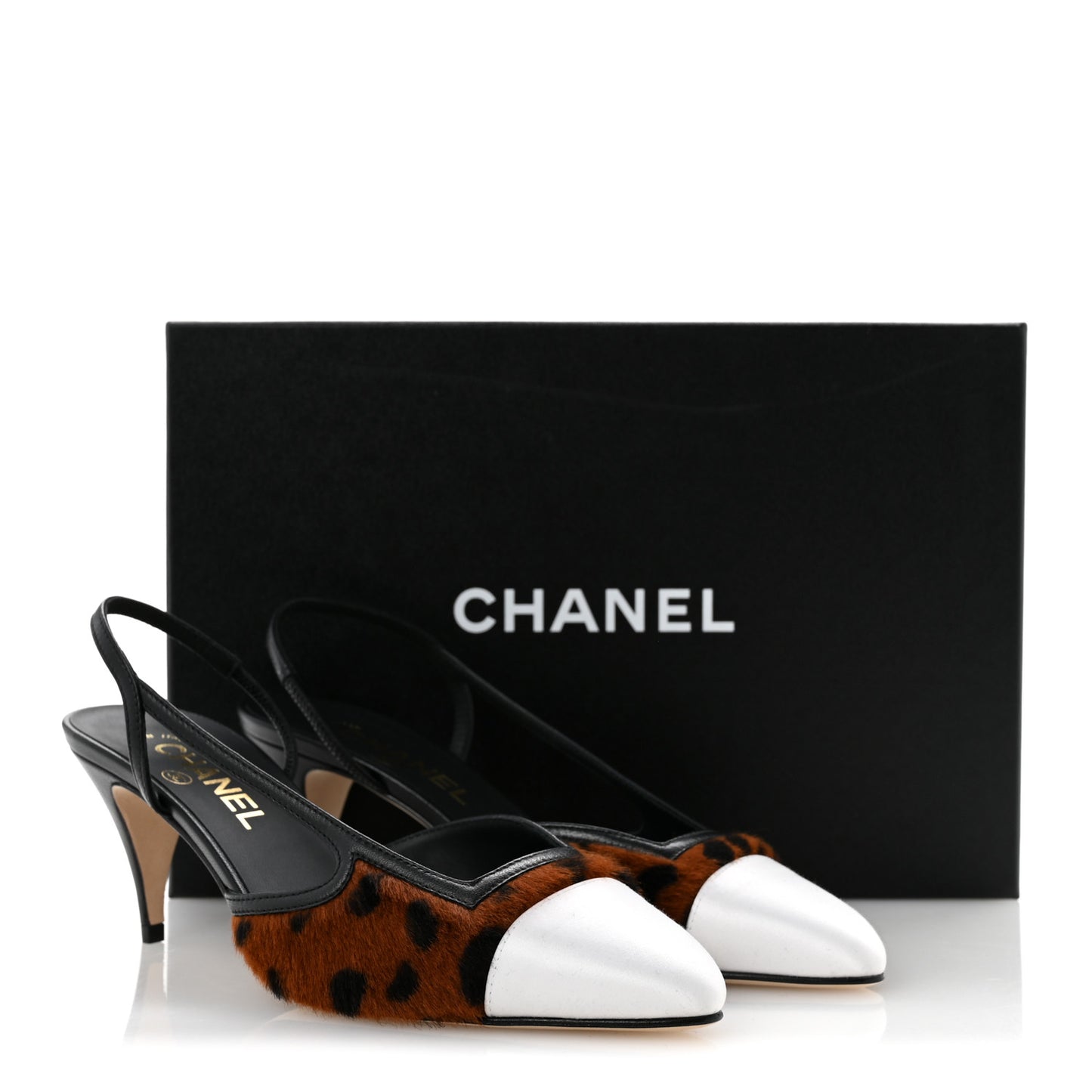 Pony Hair Lambskin Cap Toe CC Slingback Pumps 37 White Brown Black
