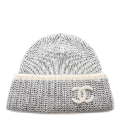 Chanel Wool Cashmere Silk CC Beanie Hat Light Grey White 1 of 7