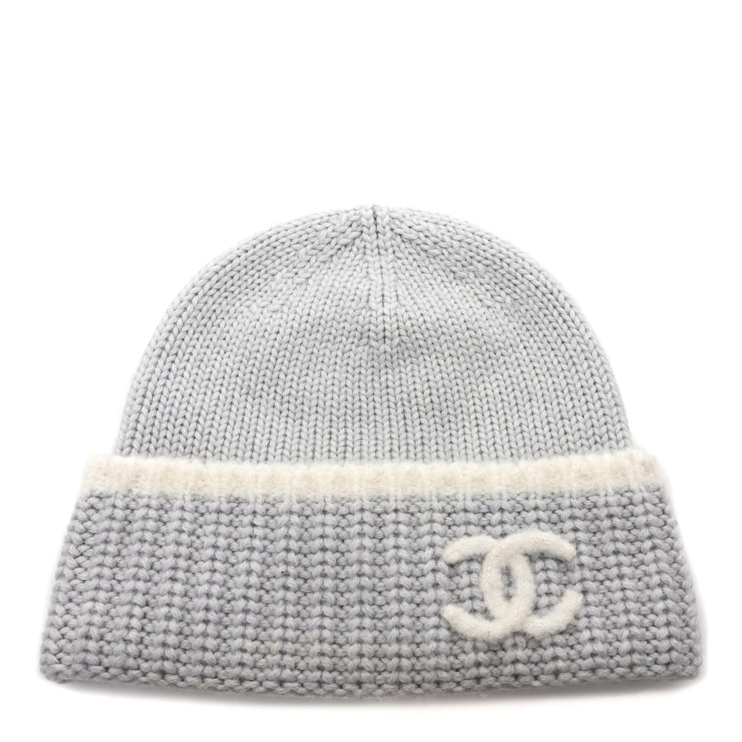 Wool Cashmere Silk CC Beanie Hat Light Grey White