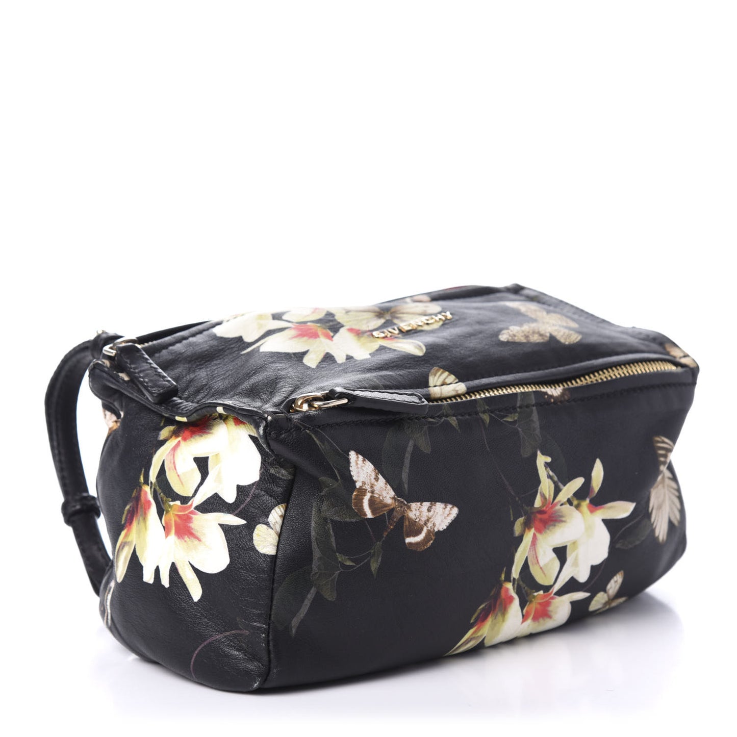 Lambskin Magnolia and Moth Print Mini Pandora Black