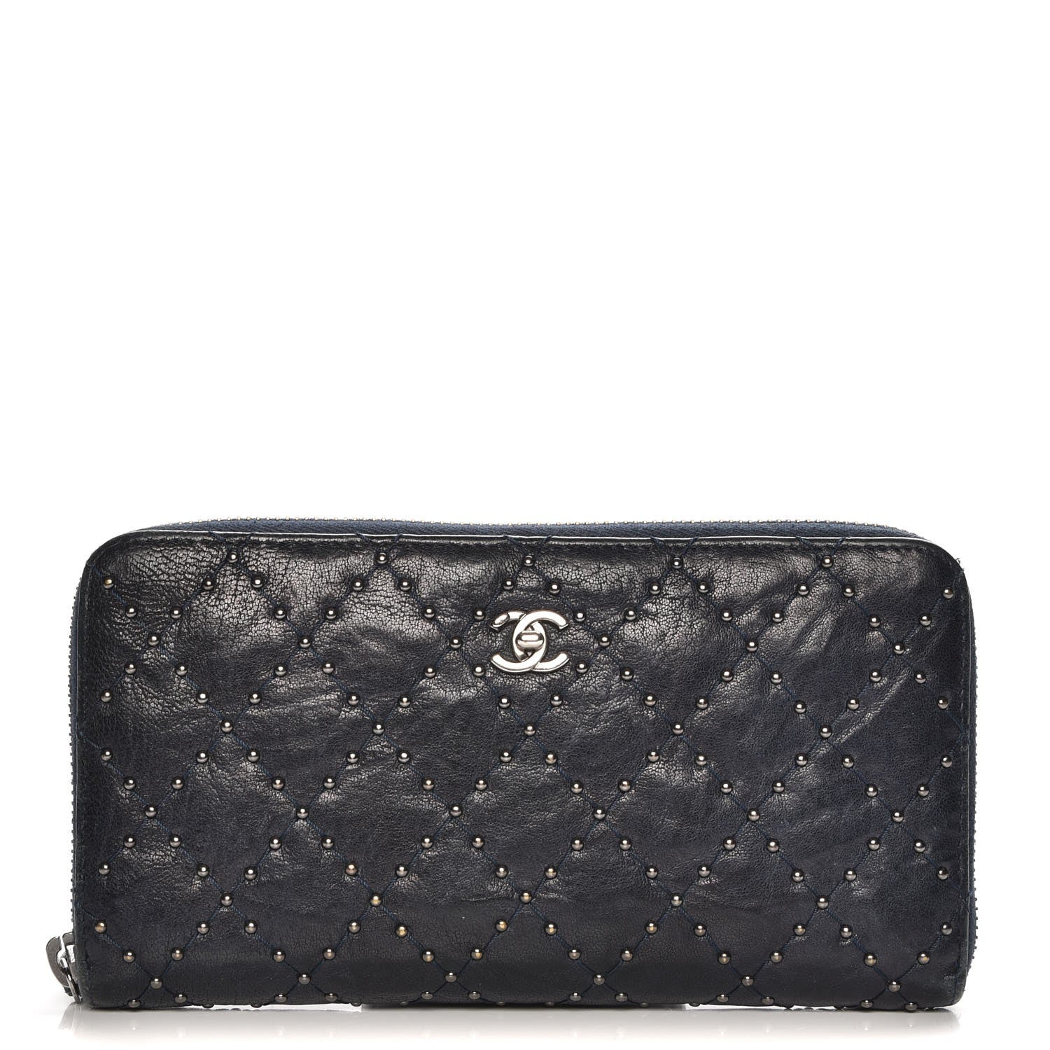 Chanel Crumpled Lambskin Studded Paris Dallas Zip Around Wallet Navy 1 of 8