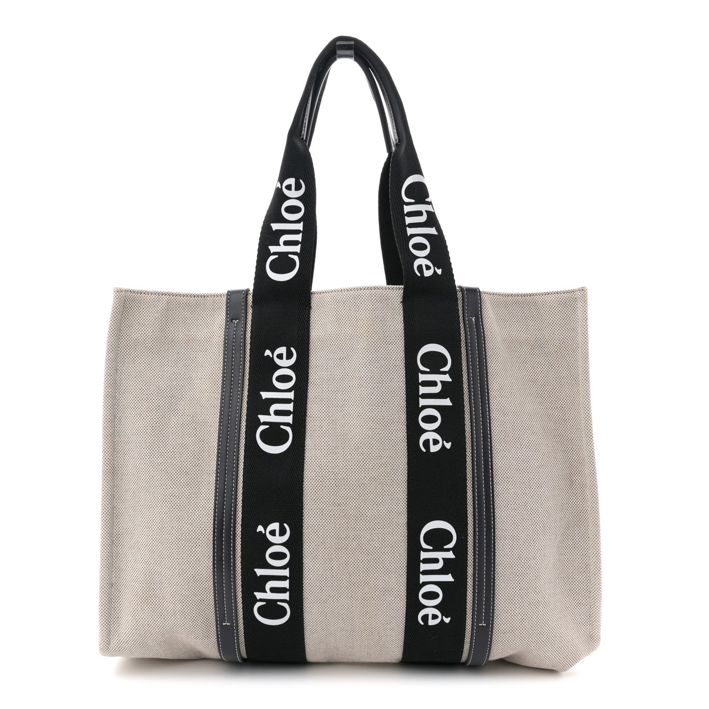 Linen Calfskin Large Woody Ribbon Tote Black Blue