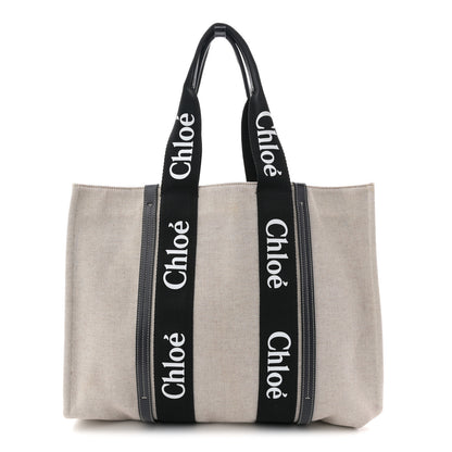 Chloe Linen Calfskin Large Woody Ribbon Tote Black Blue 1 of 25