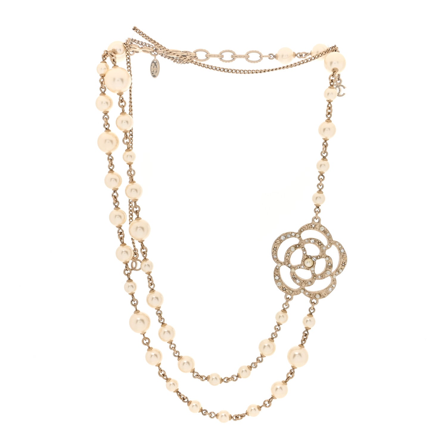 Chanel Crystal Pearl CC Camellia Necklace Gold 3 of 5