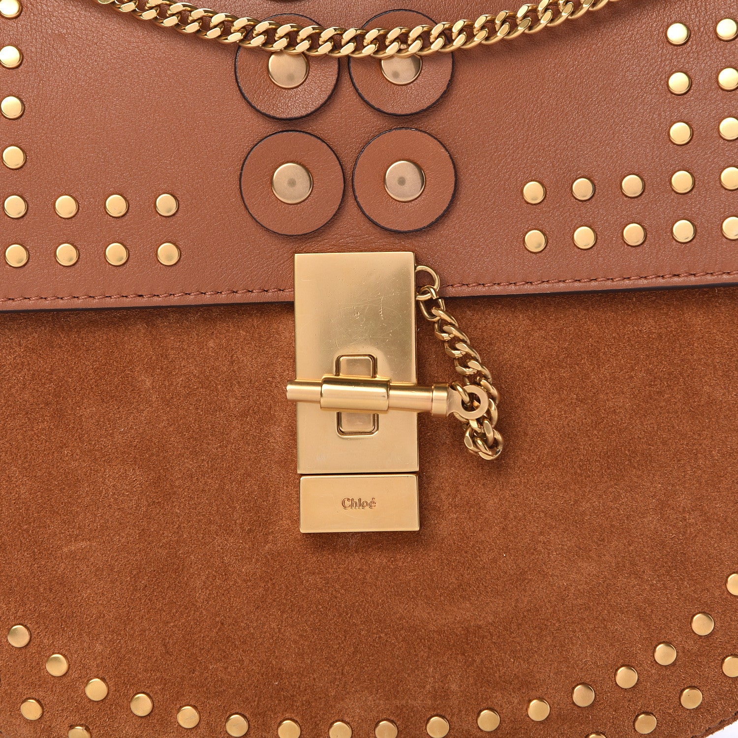 Chloe Suede Smooth Calfskin Studded Drew Shoulder Bag Caramel 14 of 14