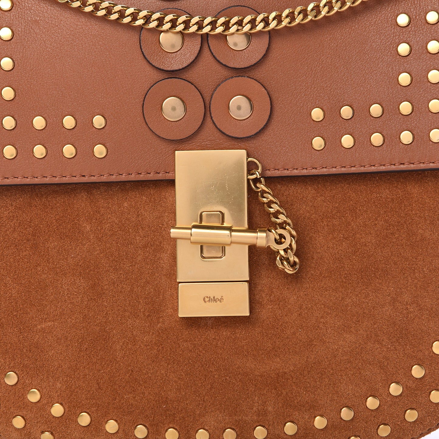 Suede Smooth Calfskin Studded Drew Shoulder Bag Caramel