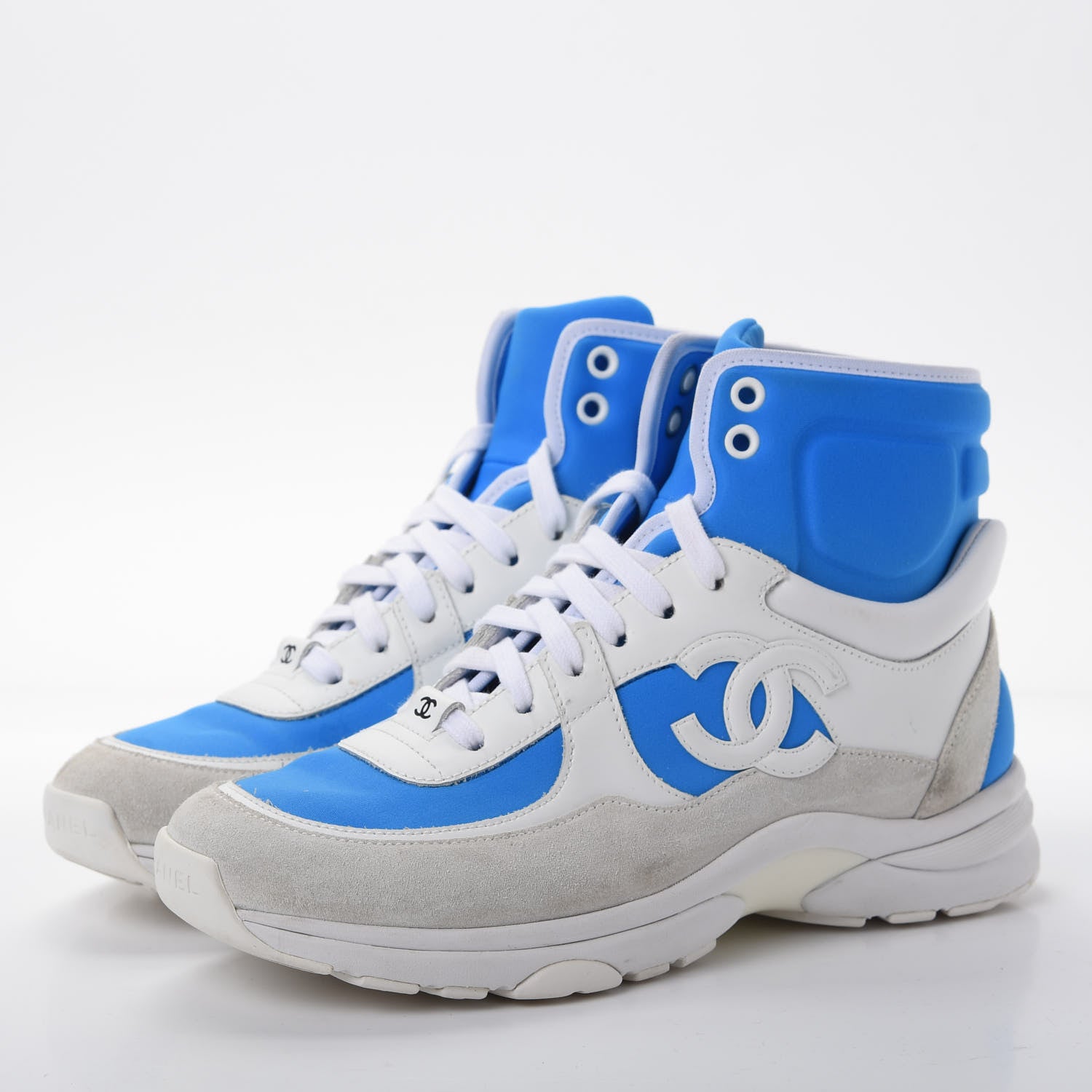 Chanel Suede Calfskin Lambskin High Top CC Sneakers 36.5 White Blue 3 of 10