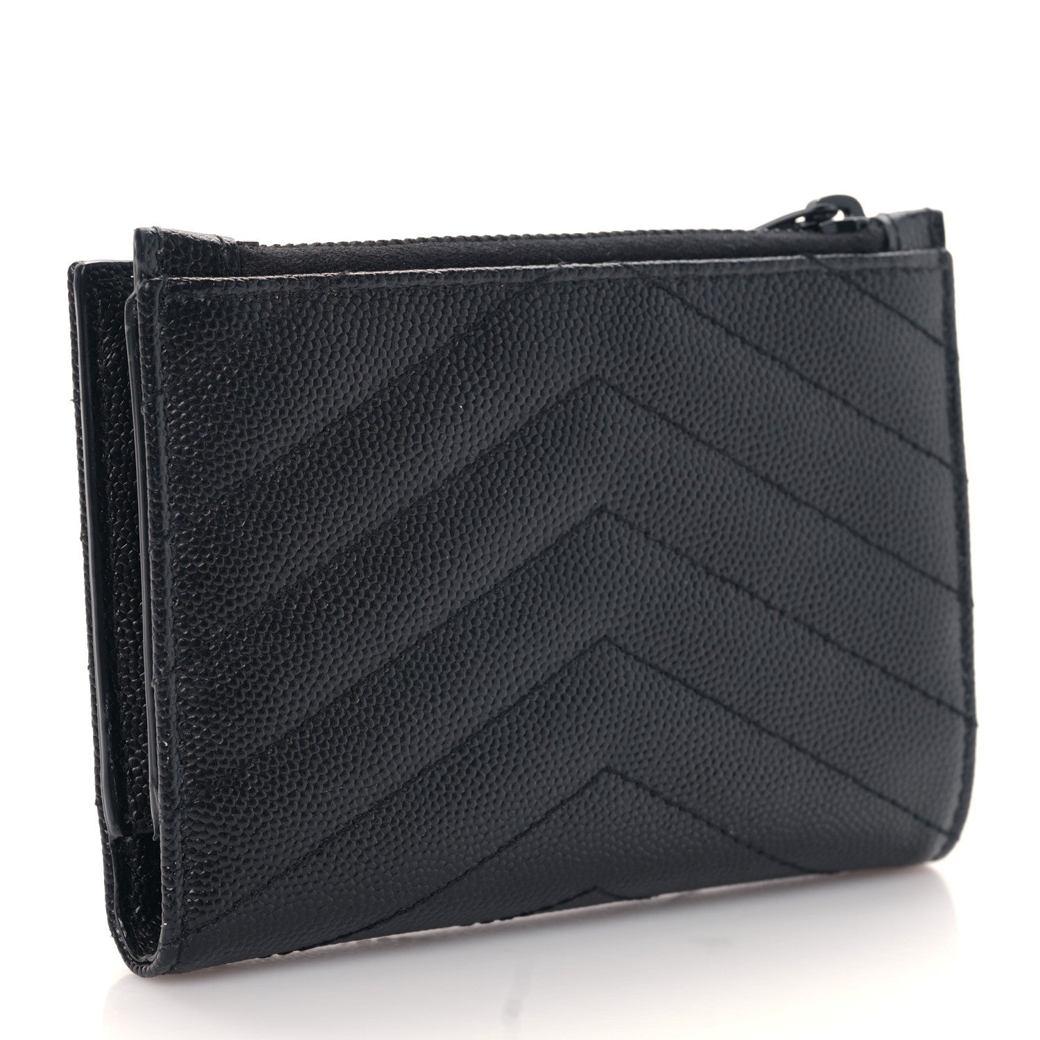 Saint Laurent Grain De Poudre Matelasse Chevron Cassandre Fragments Zippered Bi-Fold Wallet Black 3 of 9