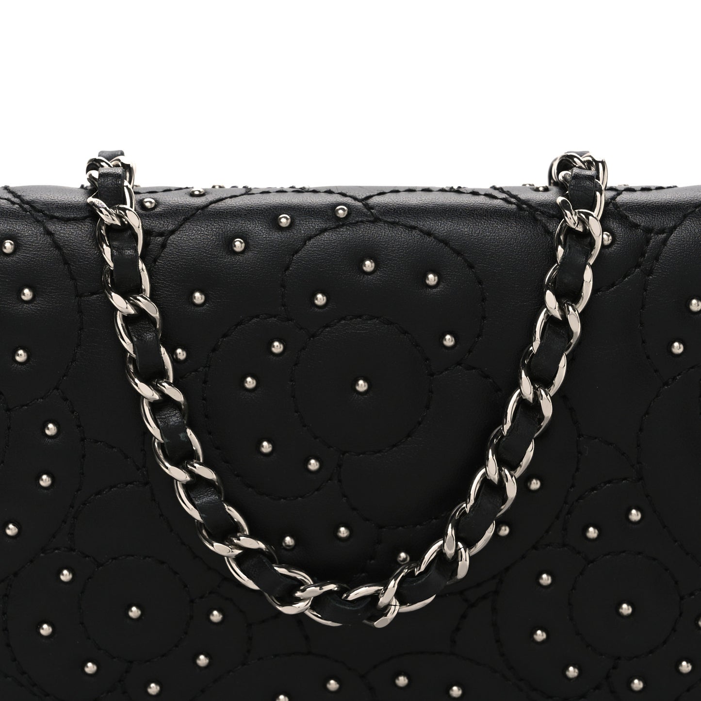 Lambskin Camellia Studded Wallet on Chain WOC Black