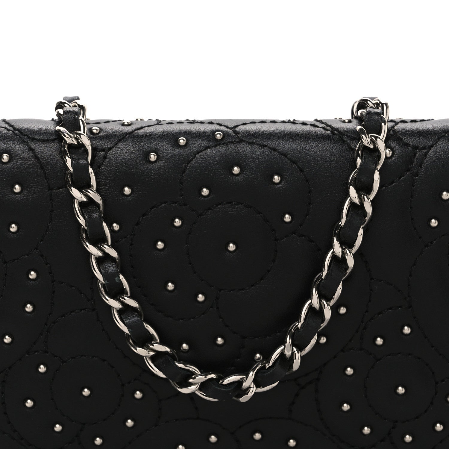 Chanel Lambskin Camellia Studded Wallet on Chain WOC Black 9 of 11