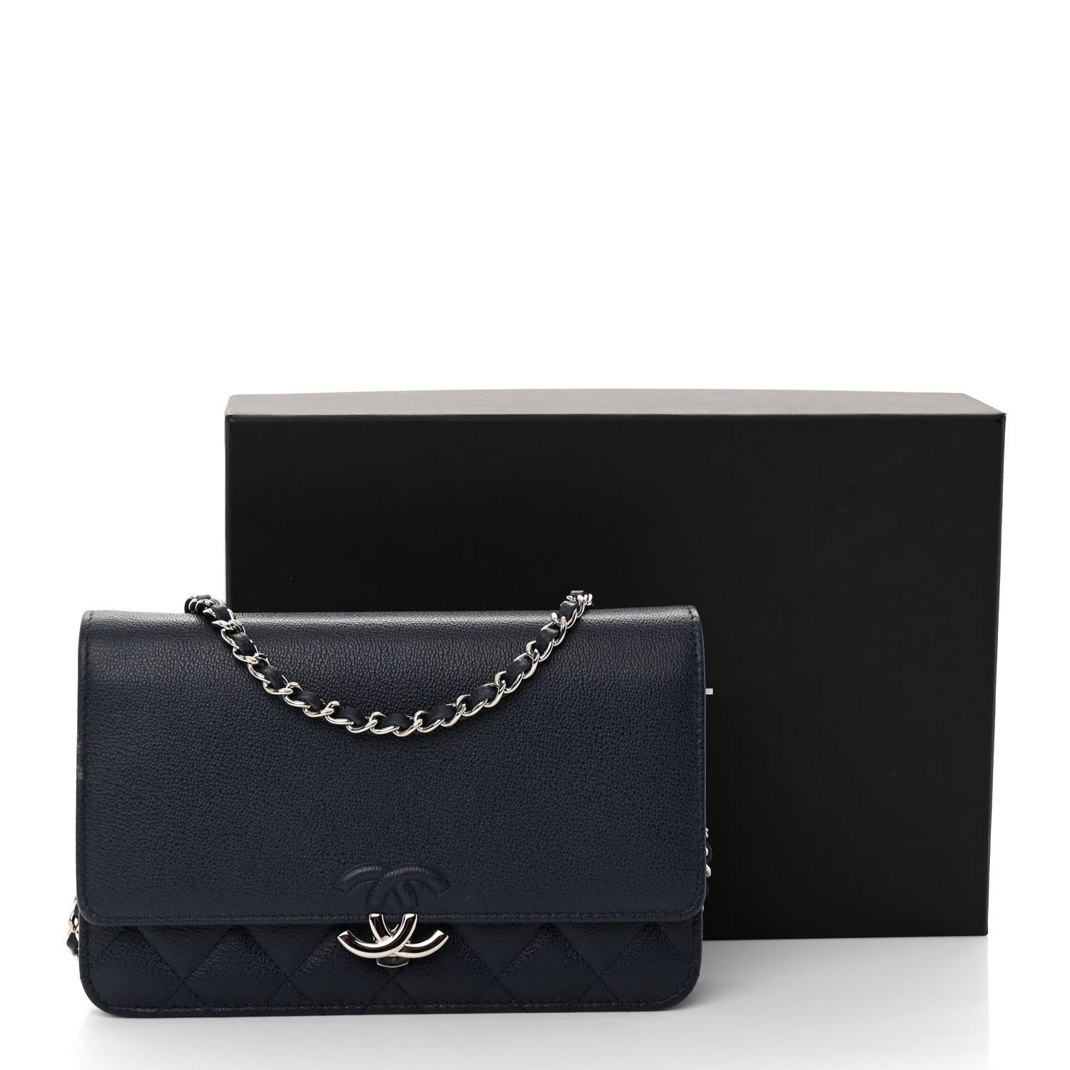 Chanel Grained Calfskin Quilted CC Box Wallet On Chain WOC Navy 12 of 12
